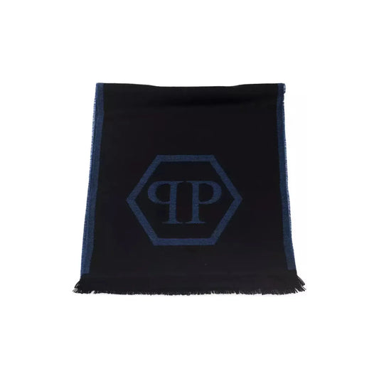 Philipp Plein Chic Blue Fringed Logo Scarf Wool Wrap Shawl Scarf blue-wool-scarf-4