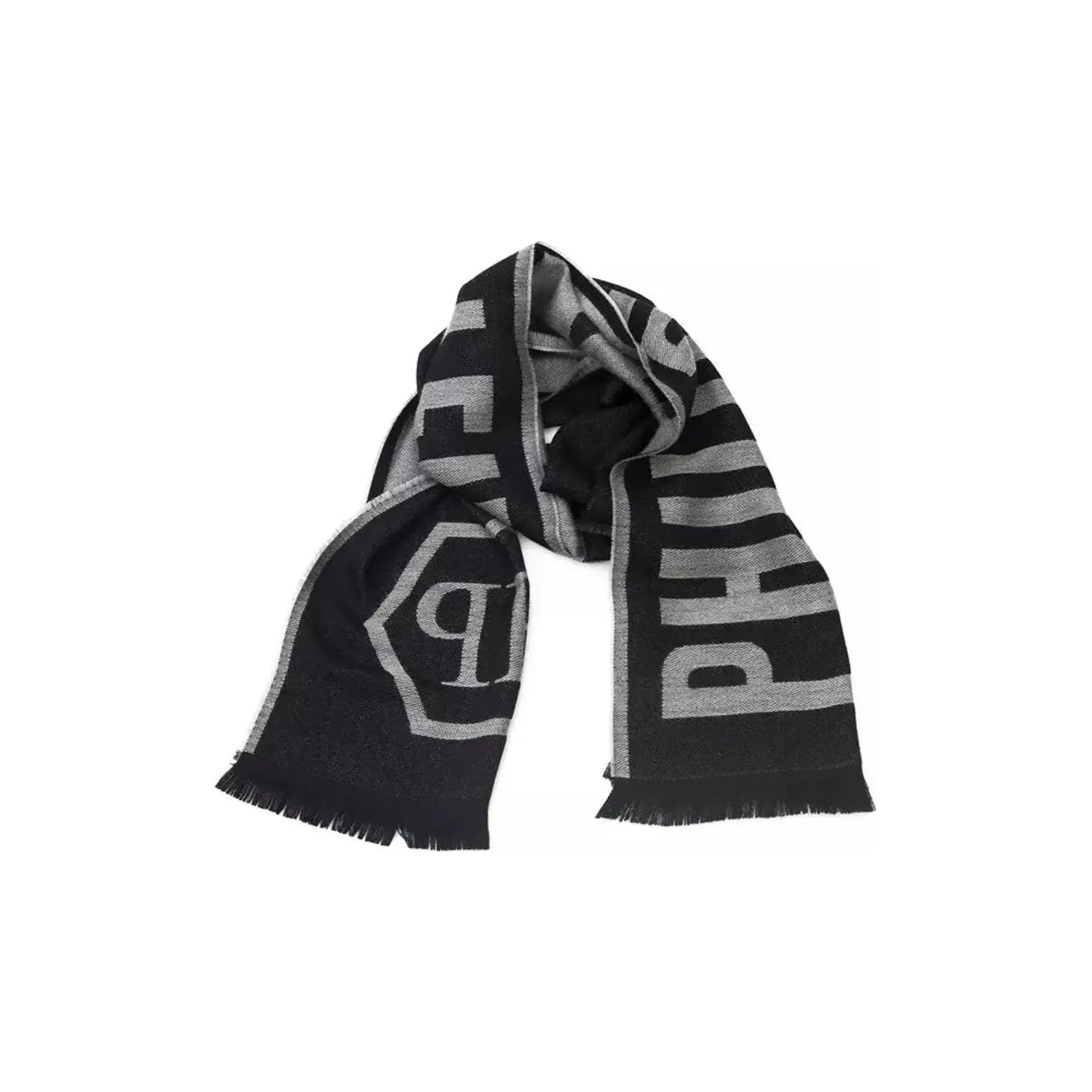 Philipp Plein Elegant Gray Fringed Wool Blend Scarf Wool Wrap Shawl Scarf grey-wool-scarf-2