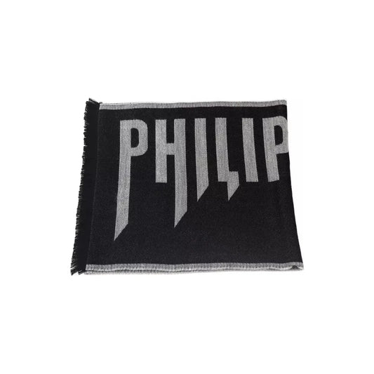 Philipp Plein Elegant Gray Fringed Wool Blend Scarf Wool Wrap Shawl Scarf grey-wool-scarf-2