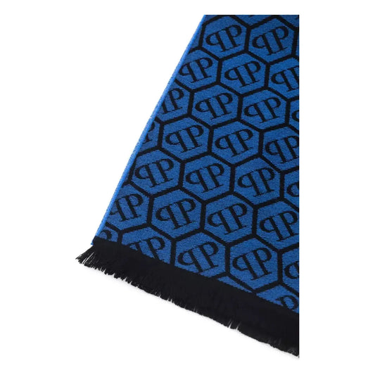 Philipp Plein Chic Monogram Fringed Scarf Wool Wrap Shawl Scarf blue-wool-scarf-3