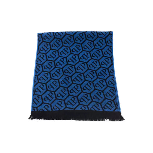 Philipp Plein Chic Monogram Fringed Scarf Wool Wrap Shawl Scarf blue-wool-scarf-3