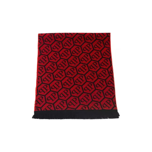 Philipp Plein Elegant Fringed Monogram Scarf Wool Wrap Shawl Scarf red-wool-scarf