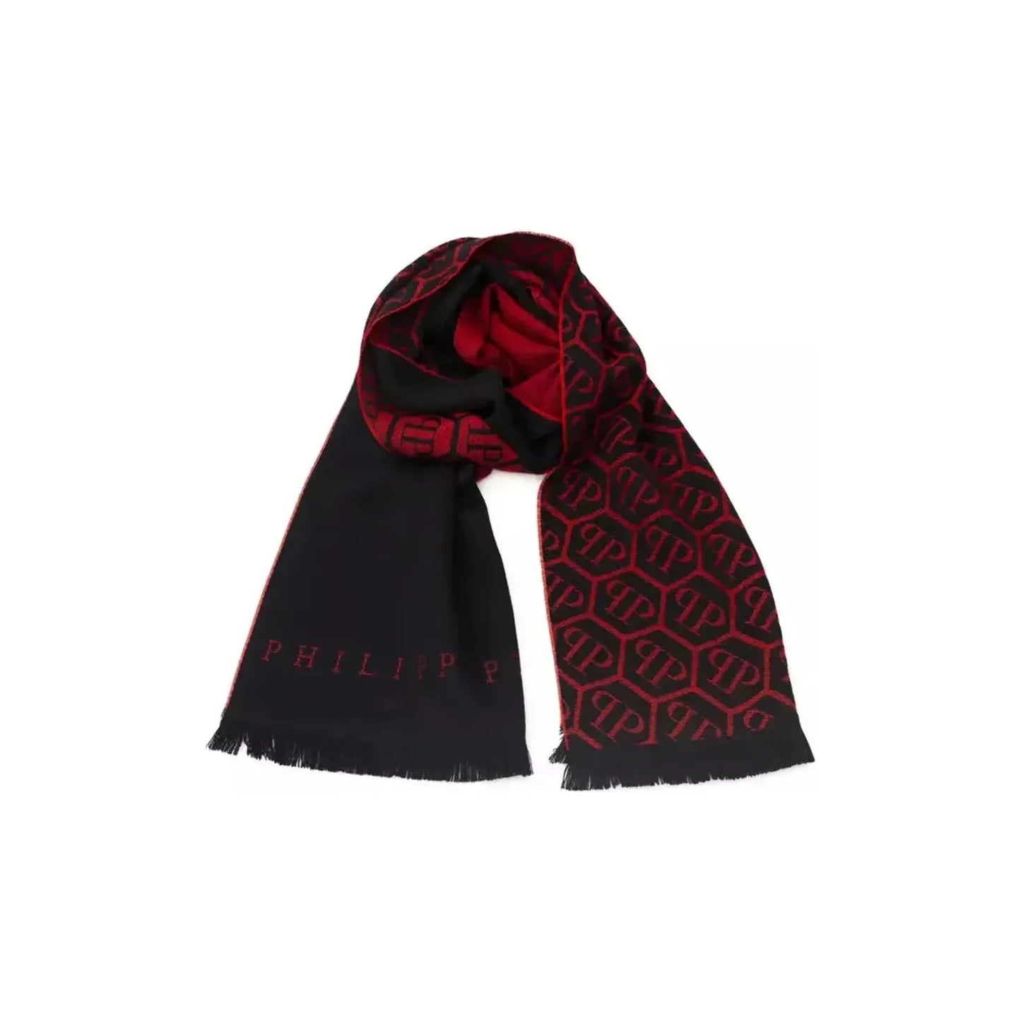 Philipp Plein Elegant Fringed Monogram Scarf Wool Wrap Shawl Scarf red-wool-scarf
