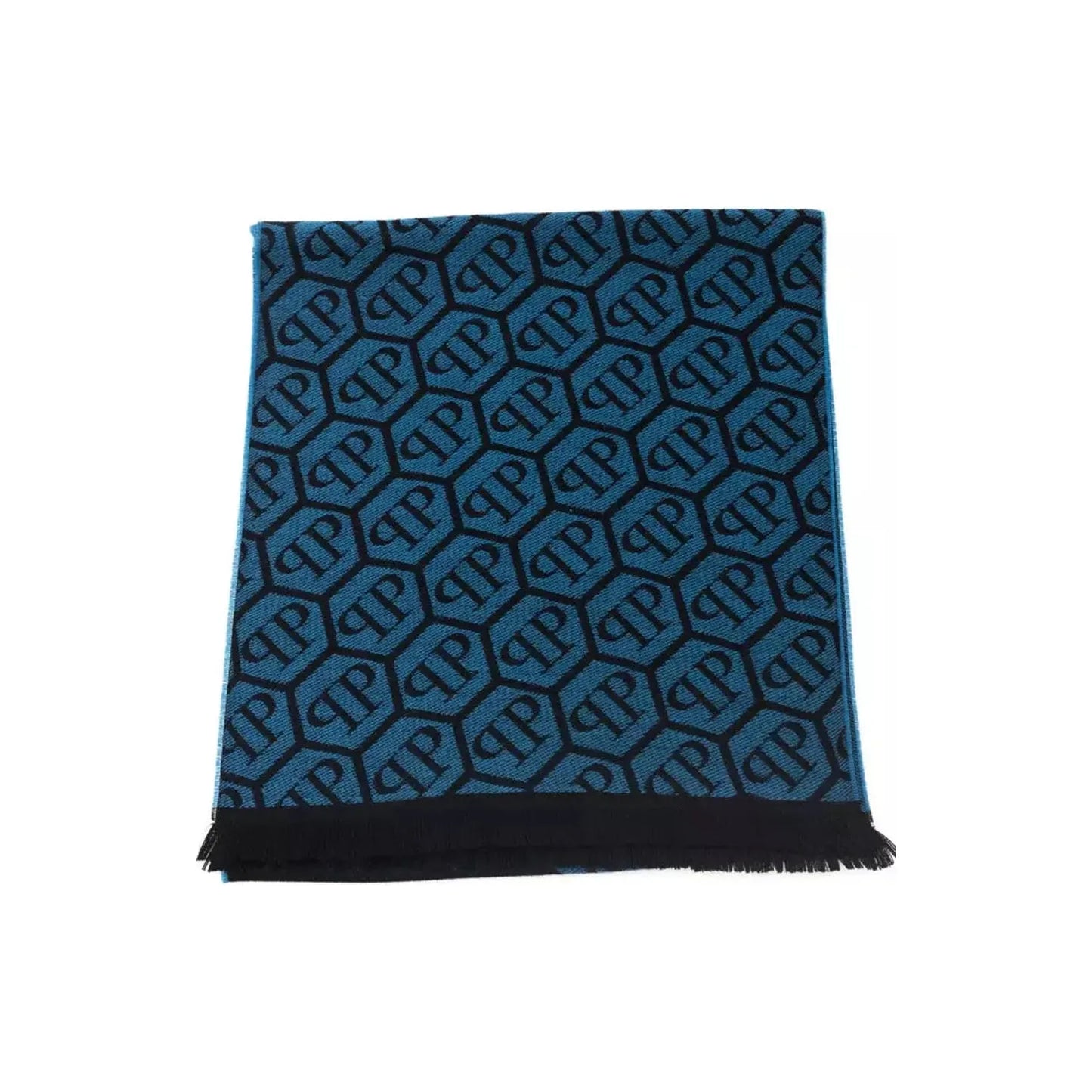 Philipp Plein Elegant Fringed Monogram Scarf Wool Wrap Shawl Scarf blue-wool-scarf-2