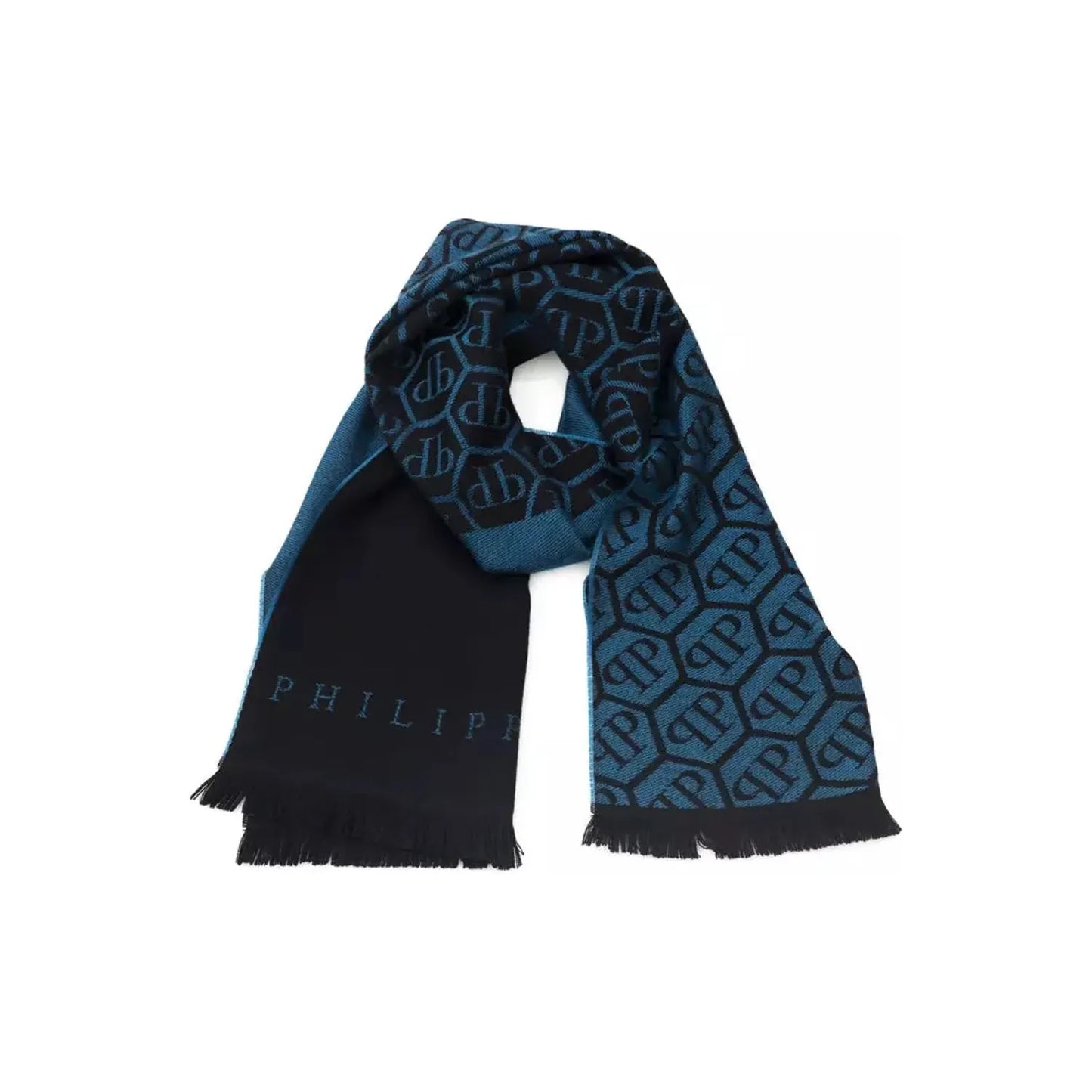 Philipp Plein Elegant Fringed Monogram Scarf Wool Wrap Shawl Scarf blue-wool-scarf-2