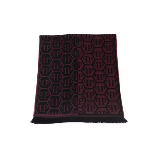 Philipp Plein Elegant Burgundy Monogram Fringe Scarf Wool Wrap Shawl Scarf burgundy-wool-scarf-1