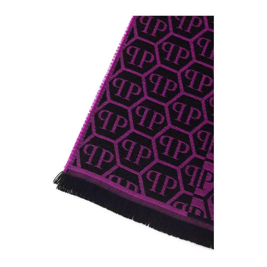 Philipp Plein Elegant Monogram Fringed Scarf purple-wool-scarf
