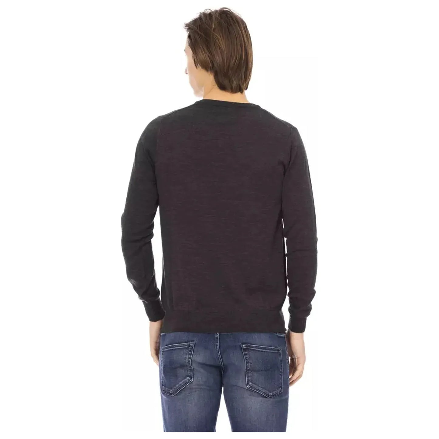 Baldinini Trend Sophisticated V-Neck Metallic Monogram Sweater gray-sweater