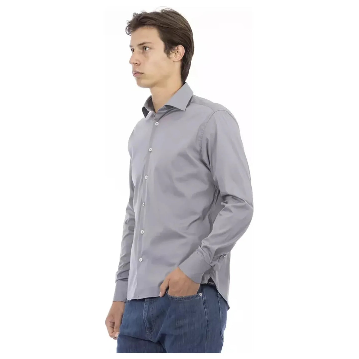 Baldinini Trend Chic Gray Slim Fit Designer Shirt gray-cotton-shirt-14