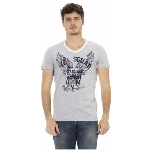 Trussardi Action Elegant V-Neck Tee with Chic Front Print gray-cotton-t-shirt-82
