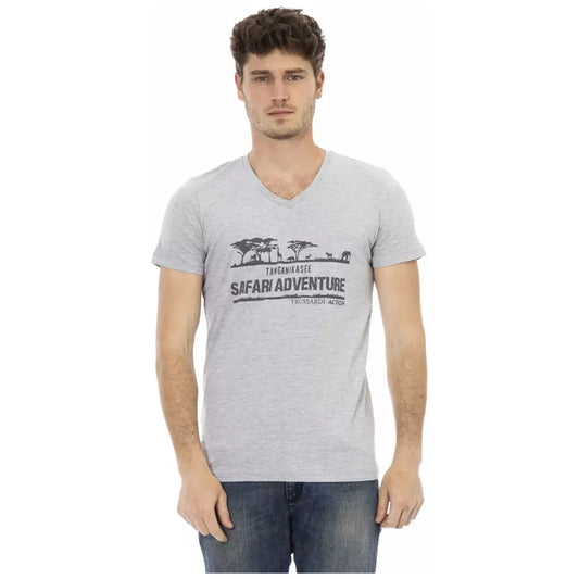 Trussardi Action Chic V-Neck Tee with Front Print in Gray gray-cotton-t-shirt-76