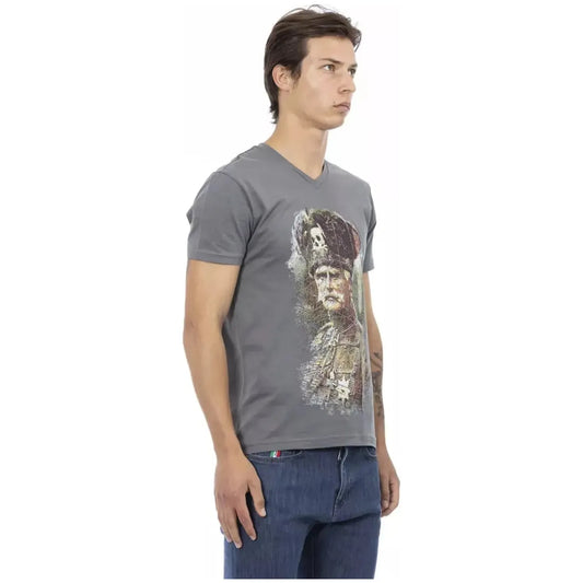 Trussardi Action Elegant V-Neck Tee with Front Print Design gray-cotton-t-shirt-75