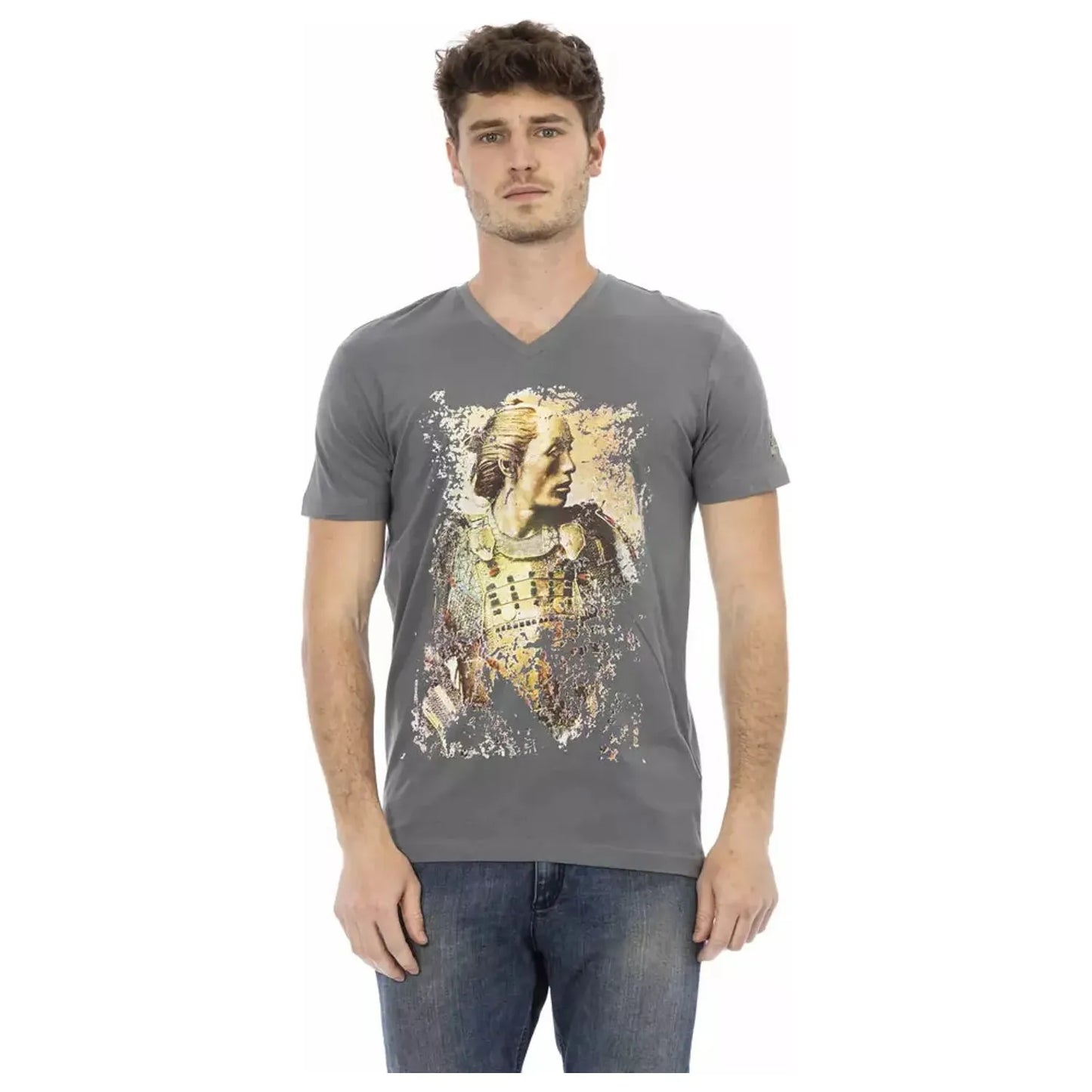 Trussardi Action Chic V-Neck Gray Tee with Striking Front Print gray-cotton-t-shirt-55