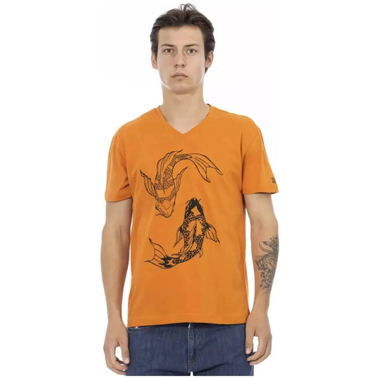 Trussardi Action Vibrant Orange V-Neck Tee with Elegant Print orange-cotton-t-shirt-1