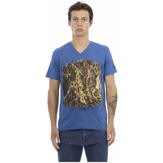 Trussardi Action Elegant V-Neck Tee with Chic Front Print blue-cotton-t-shirt-58