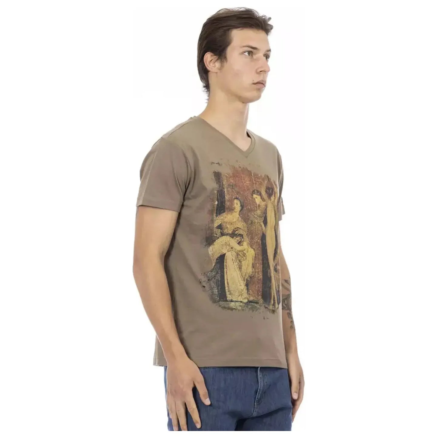 Trussardi Action Elegant V-Neck Tee with Chic Front Print brown-cotton-t-shirt-1