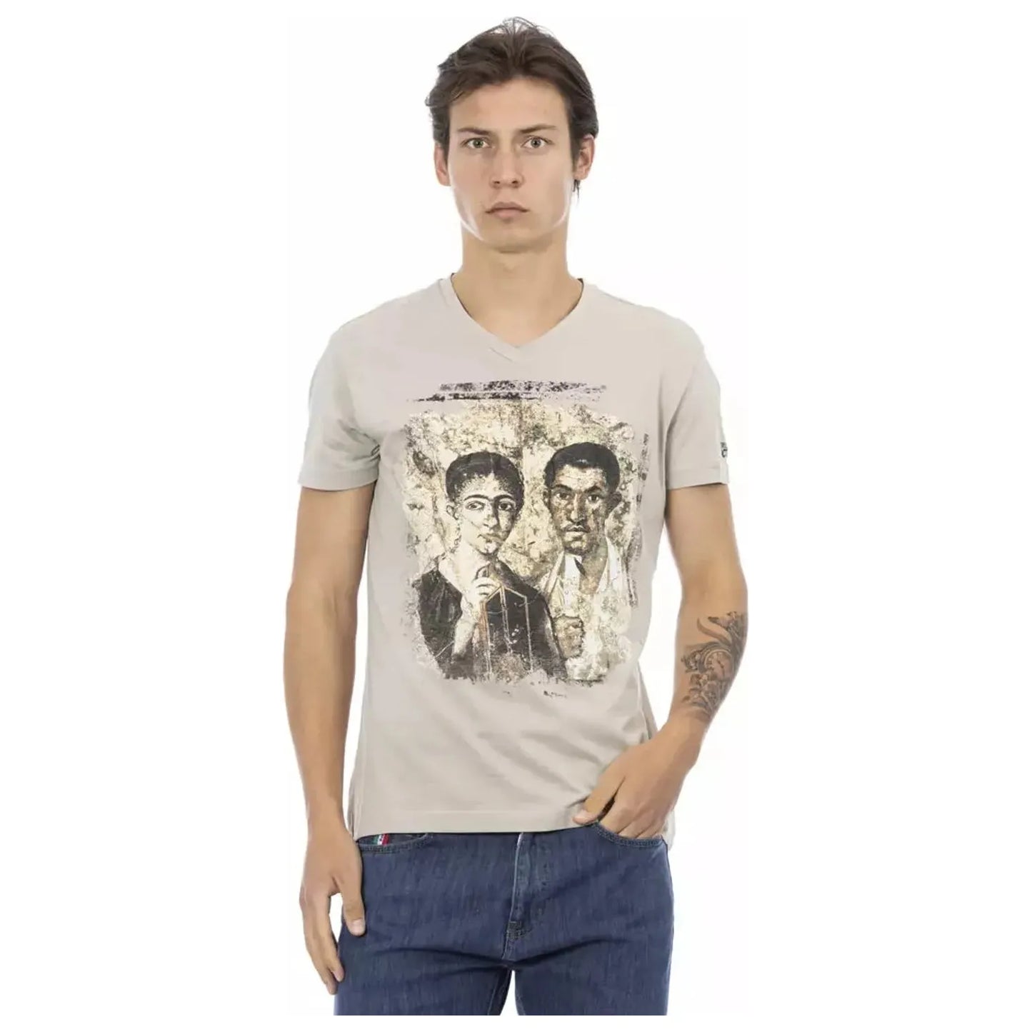 Trussardi Action Chic Beige V-Neck Tee With Front Print beige-cotton-t-shirt-1 product-22884-812512210-26-244ac5fc-277.webp
