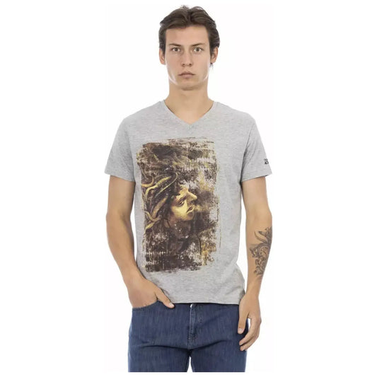 Trussardi Action Chic Gray V-Neck Tee with Stylish Front Print gray-cotton-t-shirt-72
