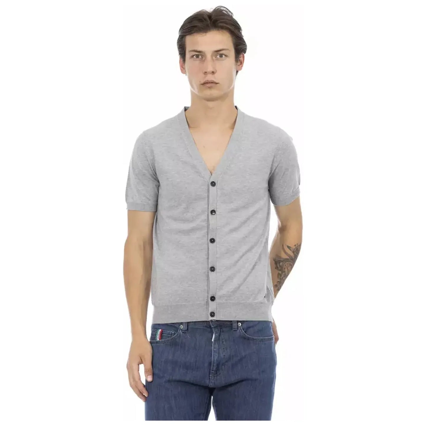 Baldinini Trend Elegant Gray V-Neck Cotton Sweater gray-cotton-sweater-17