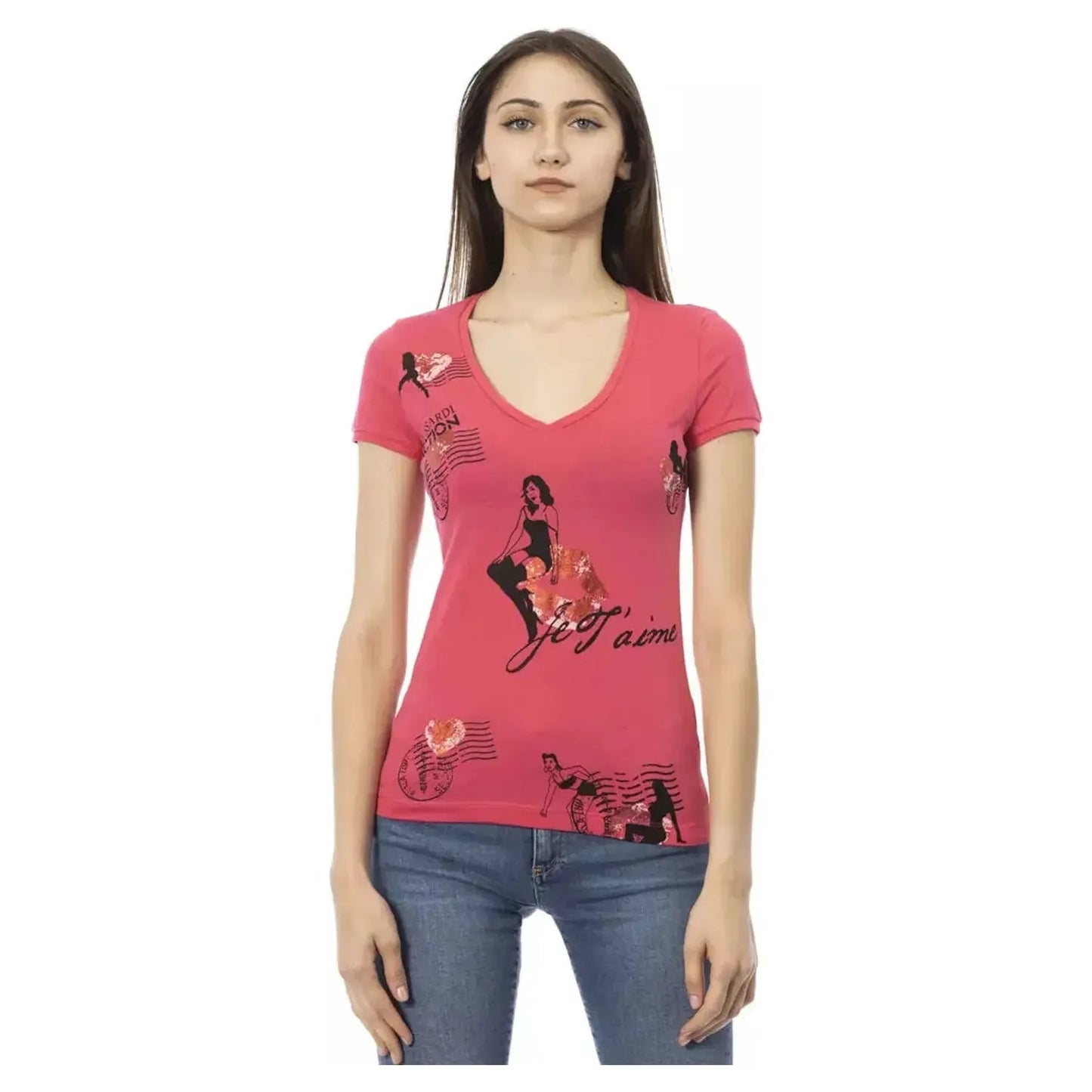 Trussardi Action V-Neck Cotton Blend Tee with Chic Front Print pink-cotton-tops-t-shirt-43