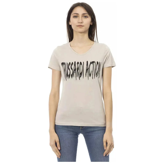 Trussardi Action Elegant V-Neck Tee with Chic Front Print beige-cotton-tops-t-shirt-10