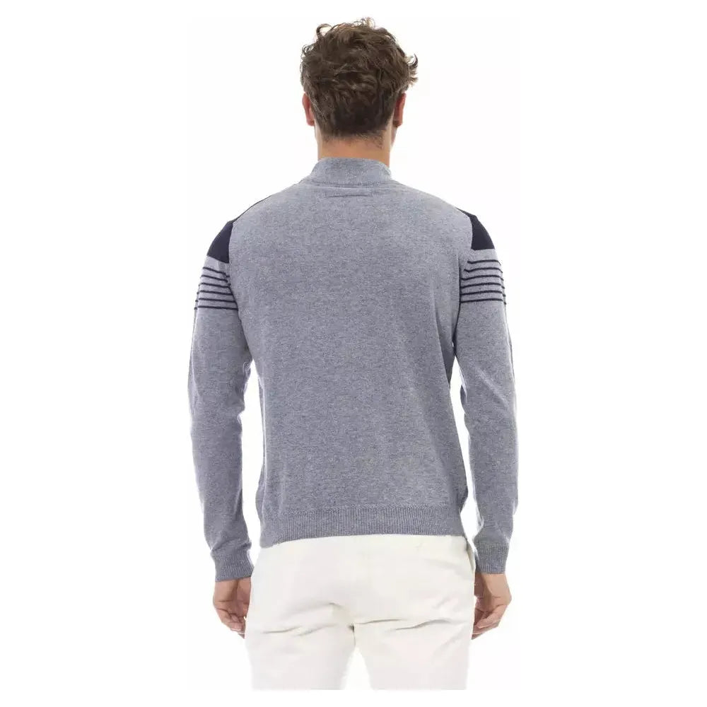 Alpha Studio Elegant Light Blue Mock Neck Sweater for Men light-blue-viscose-sweater-4