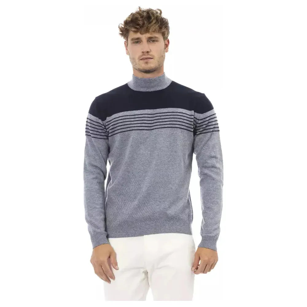 Alpha Studio Elegant Light Blue Mock Neck Sweater for Men light-blue-viscose-sweater-4