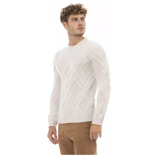 Alpha Studio Beige Merino Wool Crewneck Classic Sweater beige-merino-wool-sweater-2