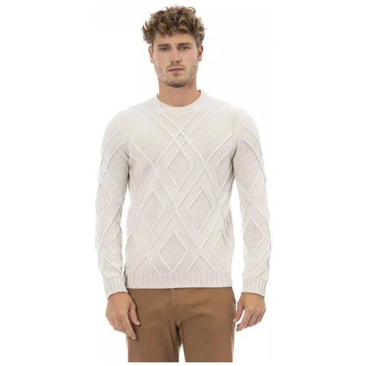 Alpha Studio Beige Merino Wool Crewneck Classic Sweater beige-merino-wool-sweater-2