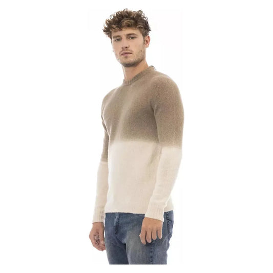 Alpha Studio Beige Crewneck Sweater with Ribbed Details beige-alpaca-leather-sweater-2