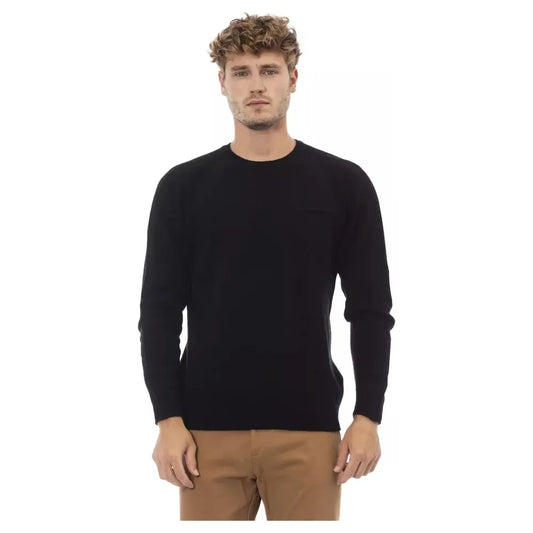 Alpha Studio Elegant Crewneck Pocket Sweater in Black black-viscose-sweater-11