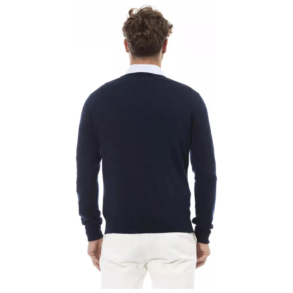 Alpha Studio Elegant V-Neck Sweater in Sumptuous Blue blue-wool-sweater-3