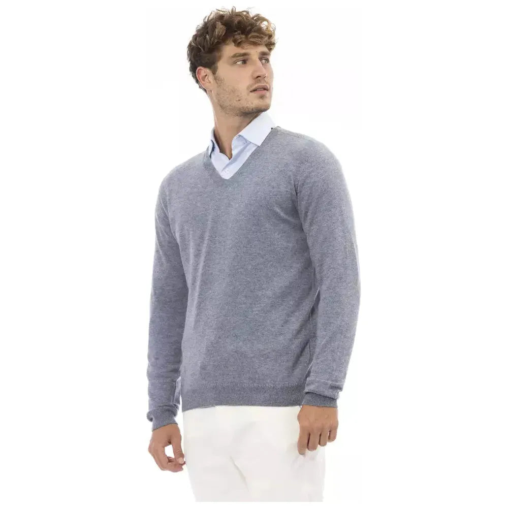 Alpha Studio Elegant V-Neck Sweater in Light Blue light-blue-viscose-sweater-6
