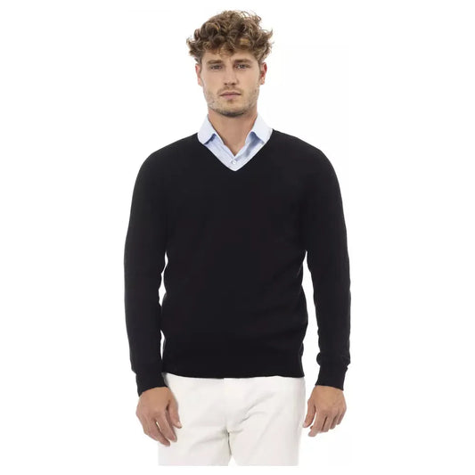 Alpha Studio Elegant V-Neck Sweater in Sleek Black black-viscose-sweater-12