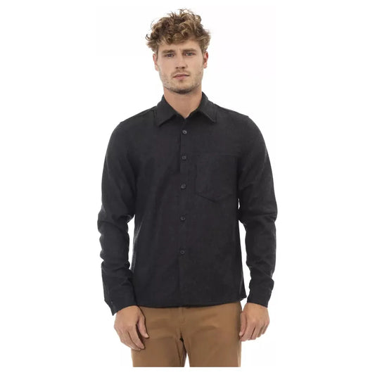 Alpha Studio Chic Gray Flannel Button-Up Shirt with Front Pocket gray-wool-shirt