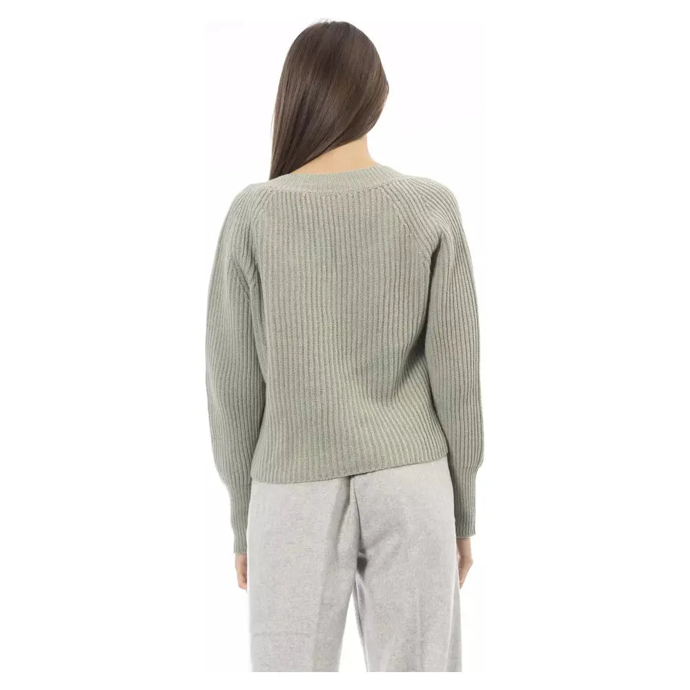 Alpha Studio Emerald Elegance V-Neck Sweater - Cozy Chic green-wool-sweater-8