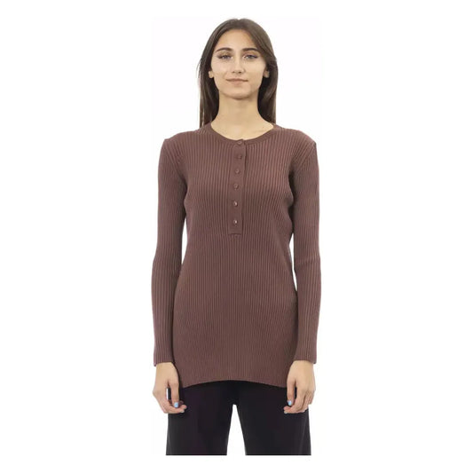 Alpha Studio Chic Brown Side-Slit Sweater with Button Details brown-viscose-sweater-1