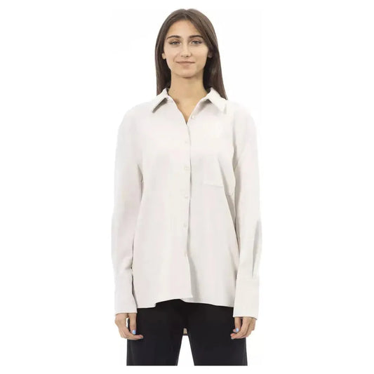 Alpha Studio Elegant White Button-Up with Front Pocket white-polyester-shirt