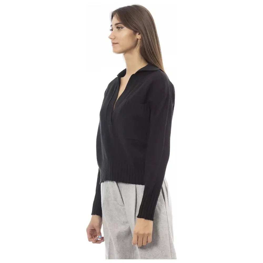 Alpha Studio Elegant V-Neck Black Sweater with Ribbed Trims black-wool-sweater-1