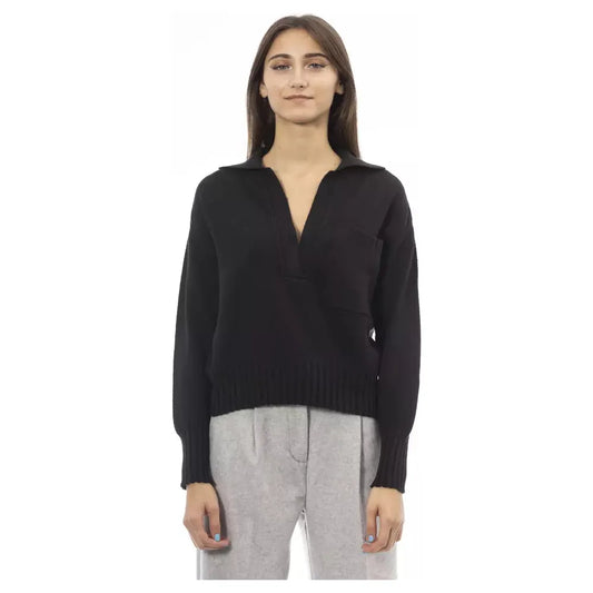 Alpha Studio Elegant V-Neck Black Sweater with Ribbed Trims black-wool-sweater-1