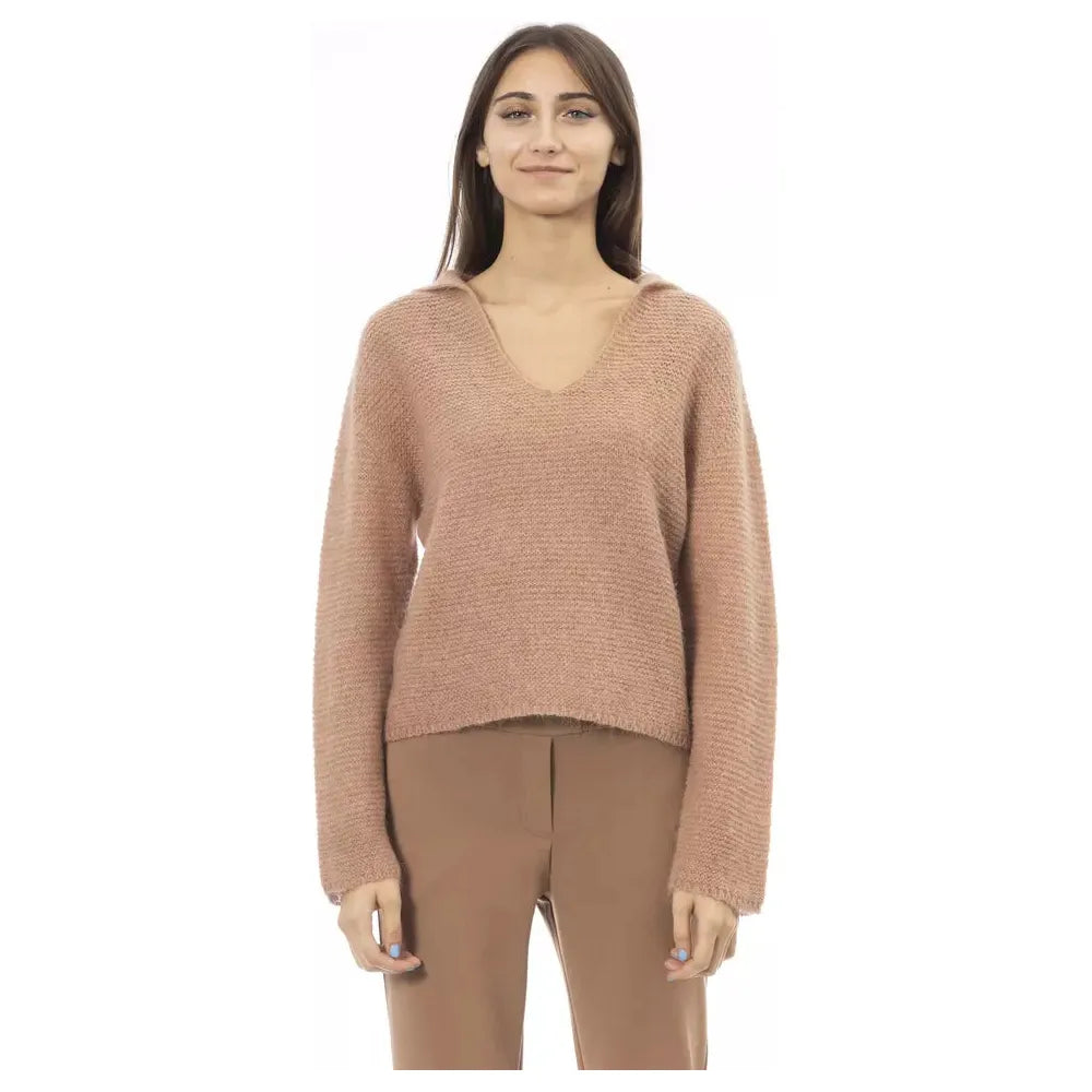 Alpha Studio Beige Long Sleeved V-Neck T-Shirt beige-polyamide-sweater-3