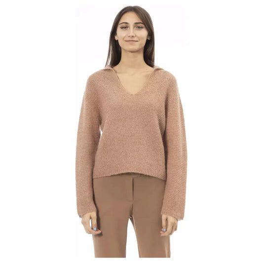 Alpha Studio Beige Long Sleeved V-Neck T-Shirt beige-polyamide-sweater-3