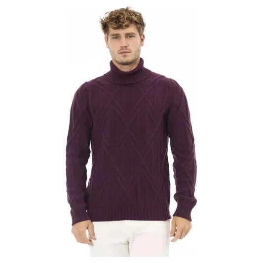 Alpha Studio Elegant Purple Turtleneck Sweater for Men purple-merino-wool-sweater-1