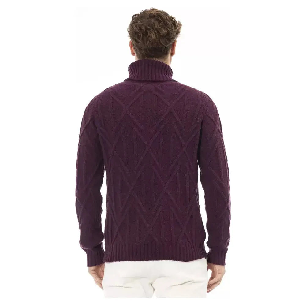 Alpha Studio Elegant Purple Turtleneck Sweater for Men purple-merino-wool-sweater-1