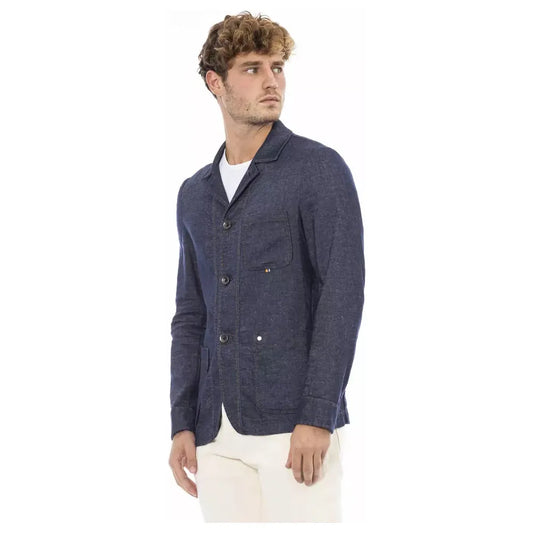 Distretto12 Chic Blue Linen-Blend Jacket with Backpack Feature blue-linen-blazer
