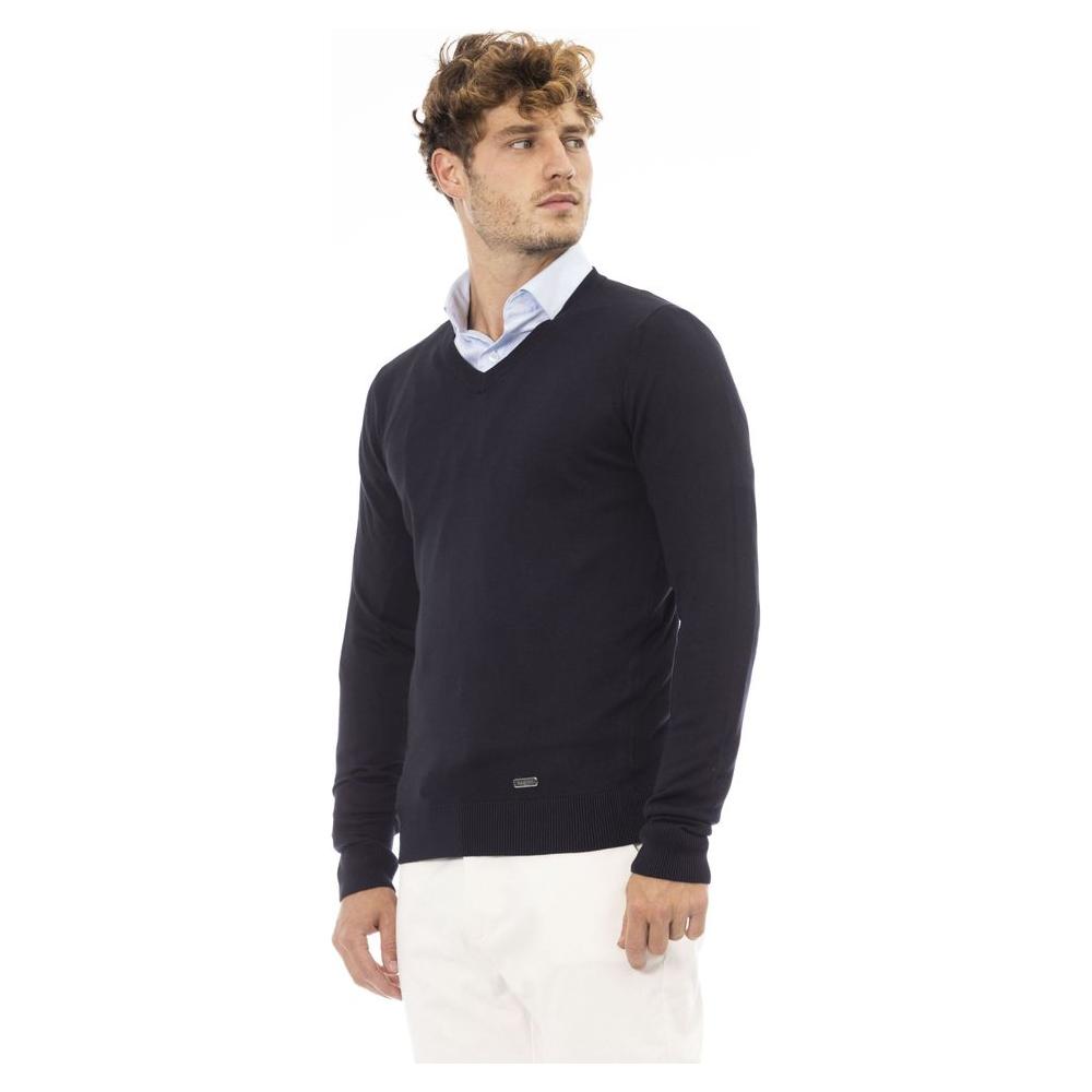 Baldinini Trend Elegant Blue V-Neck Cashmere-Blend Sweater blue-modal-sweater-5