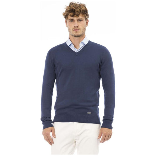Baldinini Trend Elegant V-Neck Ribbed Blue Sweater blue-modal-sweater-4