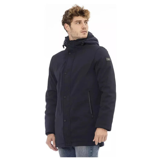 Baldinini Trend Sophisticated Blue Long Jacket with Monogram Detail blue-polyester-jacket-8