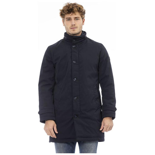 Baldinini Trend Sleek Monogram Long Jacket in Blue blue-polyester-jacket-6