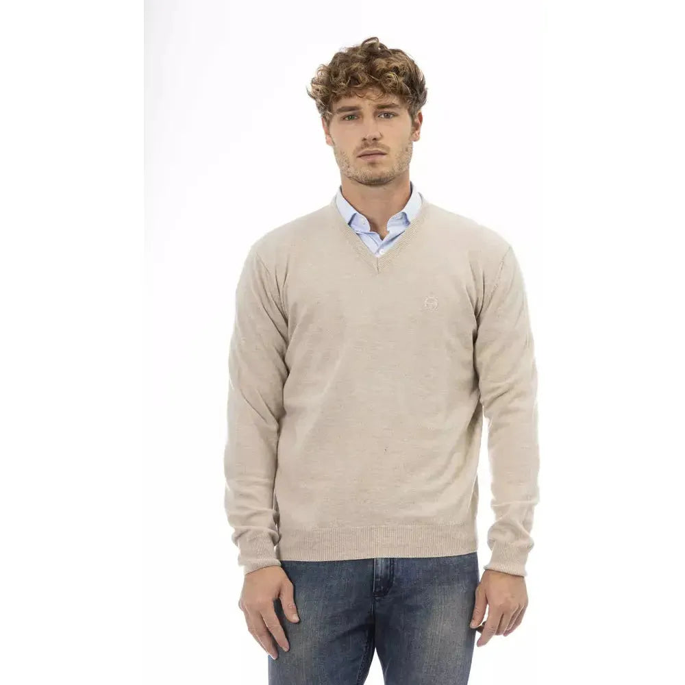 Sergio Tacchini Elegant Beige Wool V-Neck Sweater beige-wool-sweater-5